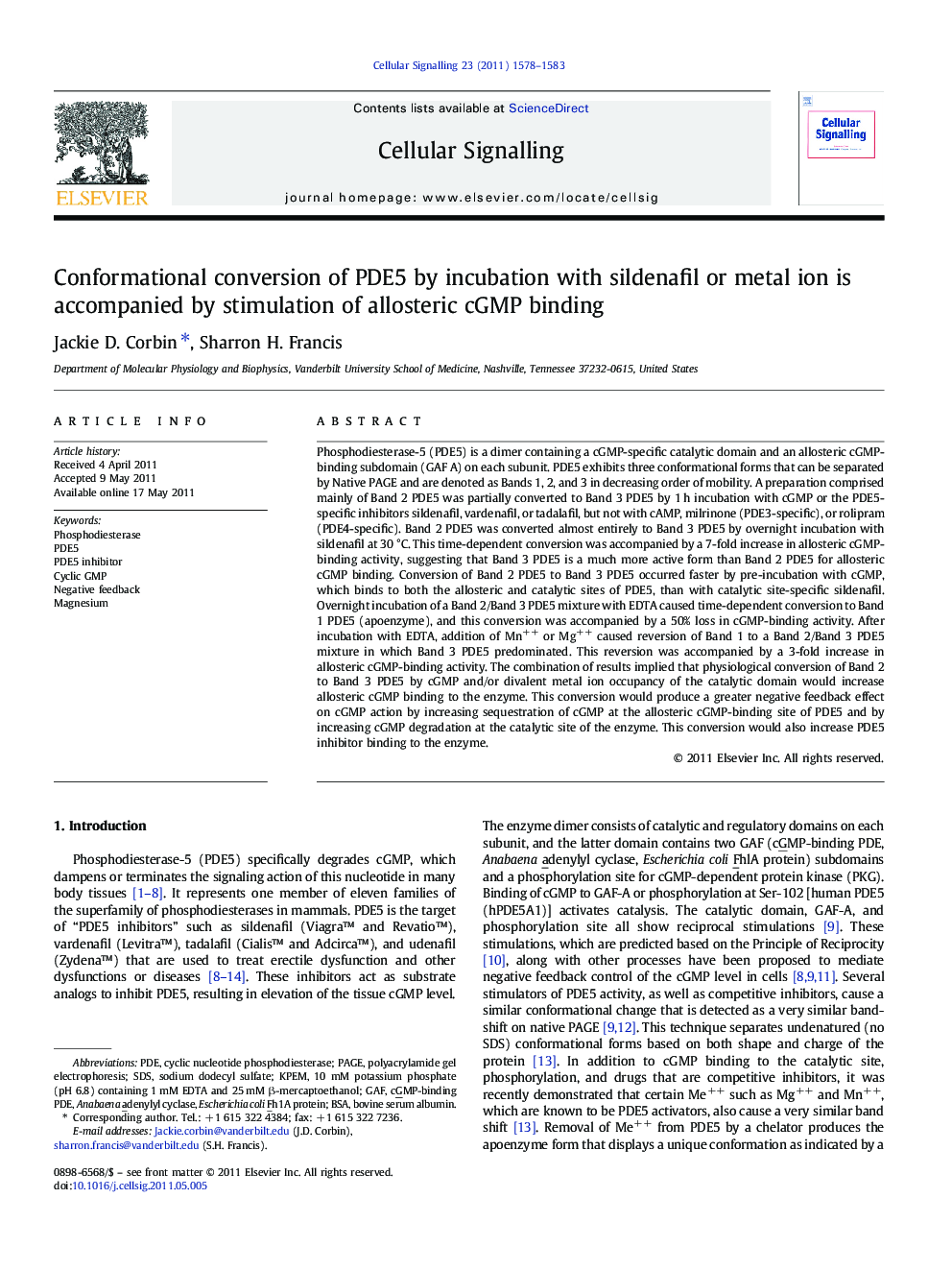 Conformational conversion of PDE5 by incubation with sildenafil or metal ion is accompanied by stimulation of allosteric cGMP binding