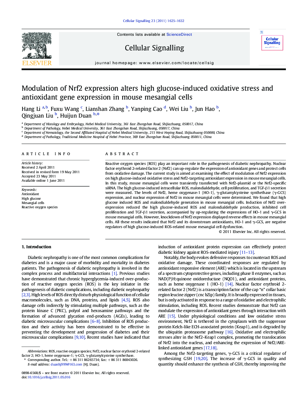 Modulation of Nrf2 expression alters high glucose-induced oxidative stress and antioxidant gene expression in mouse mesangial cells