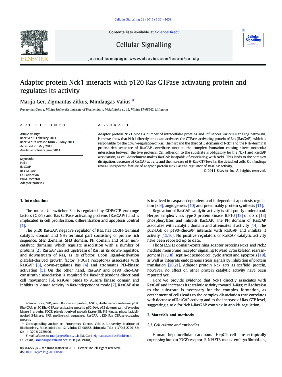 Adaptor protein Nck1 interacts with p120 Ras GTPase-activating protein and regulates its activity