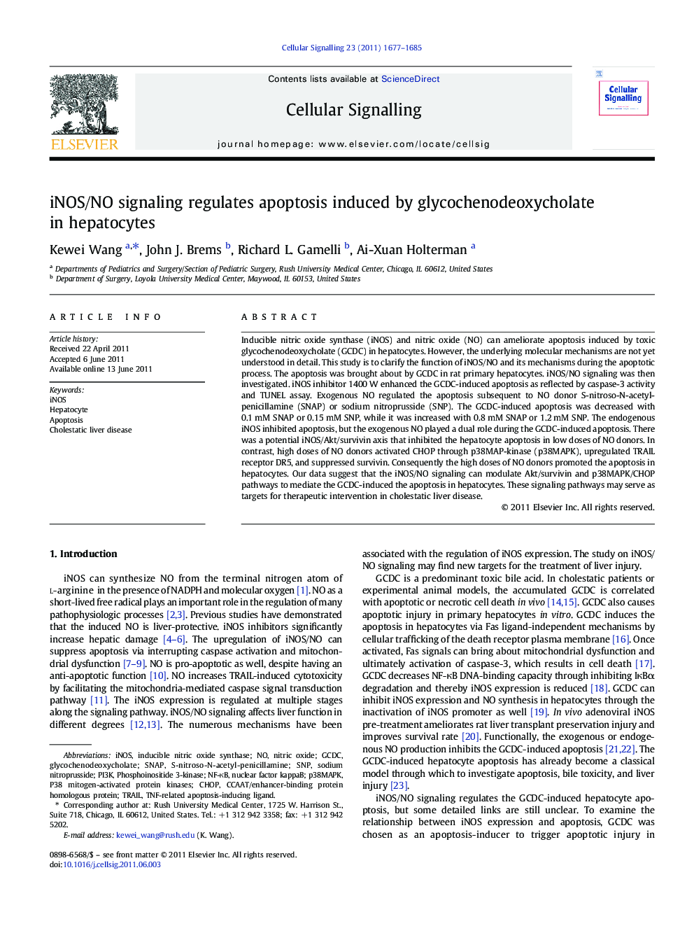 iNOS/NO signaling regulates apoptosis induced by glycochenodeoxycholate in hepatocytes