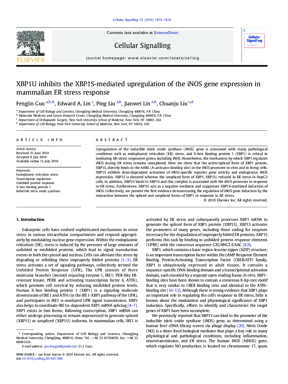 XBP1U inhibits the XBP1S-mediated upregulation of the iNOS gene expression in mammalian ER stress response