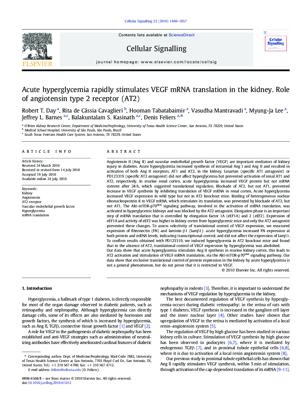 Acute hyperglycemia rapidly stimulates VEGF mRNA translation in the kidney. Role of angiotensin type 2 receptor (AT2)