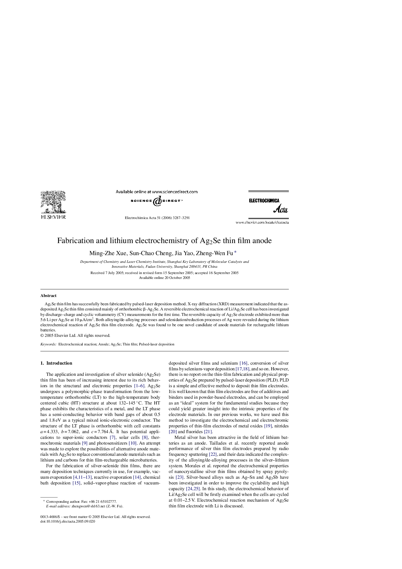 Fabrication and lithium electrochemistry of Ag2Se thin film anode