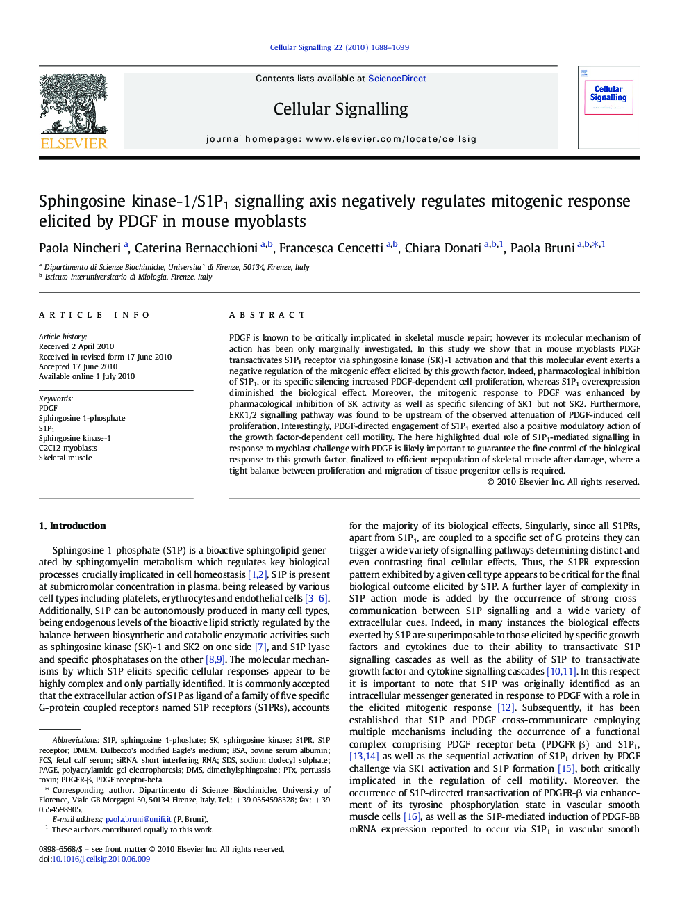 Sphingosine kinase-1/S1P1 signalling axis negatively regulates mitogenic response elicited by PDGF in mouse myoblasts