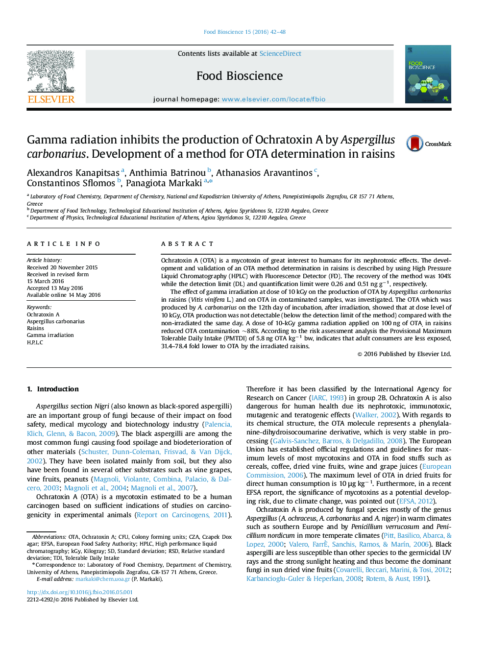 Gamma radiation inhibits the production of Ochratoxin A by Aspergillus carbonarius. Development of a method for OTA determination in raisins