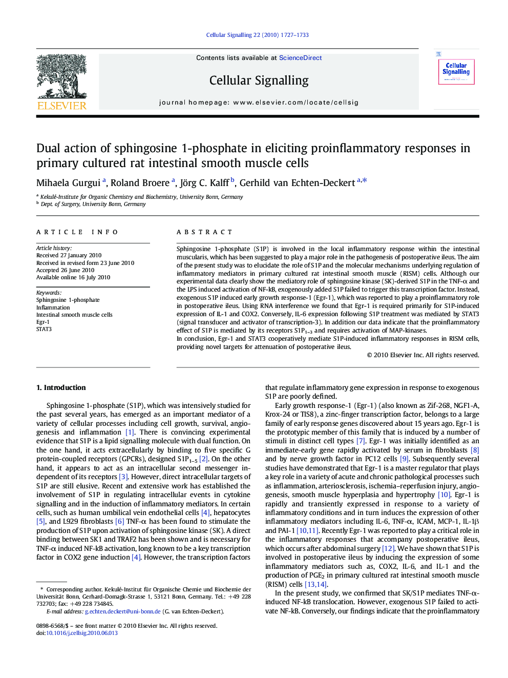 Dual action of sphingosine 1-phosphate in eliciting proinflammatory responses in primary cultured rat intestinal smooth muscle cells