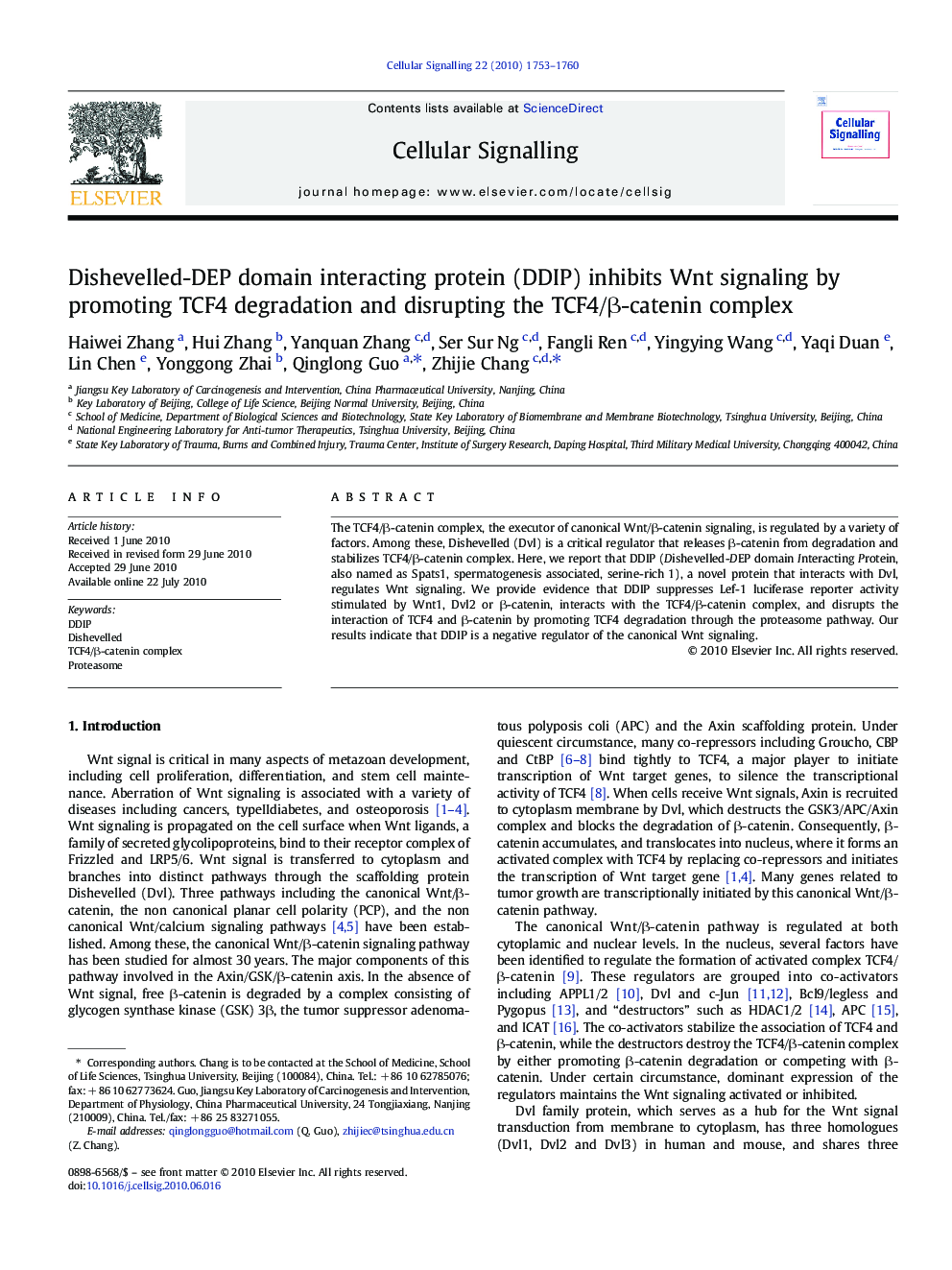 Dishevelled-DEP domain interacting protein (DDIP) inhibits Wnt signaling by promoting TCF4 degradation and disrupting the TCF4/Î²-catenin complex