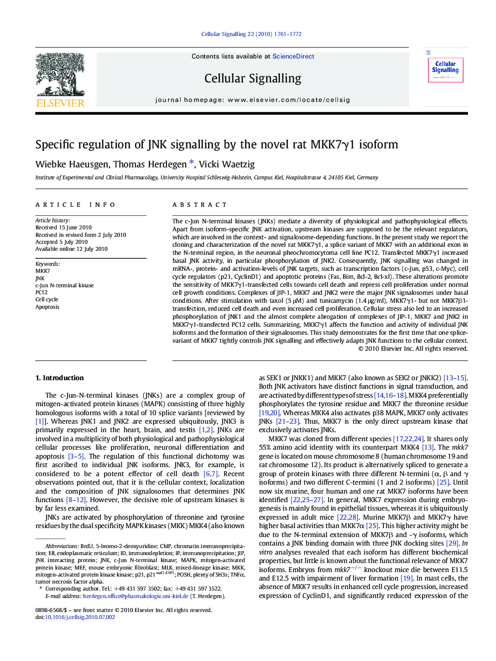 Specific regulation of JNK signalling by the novel rat MKK7γ1 isoform