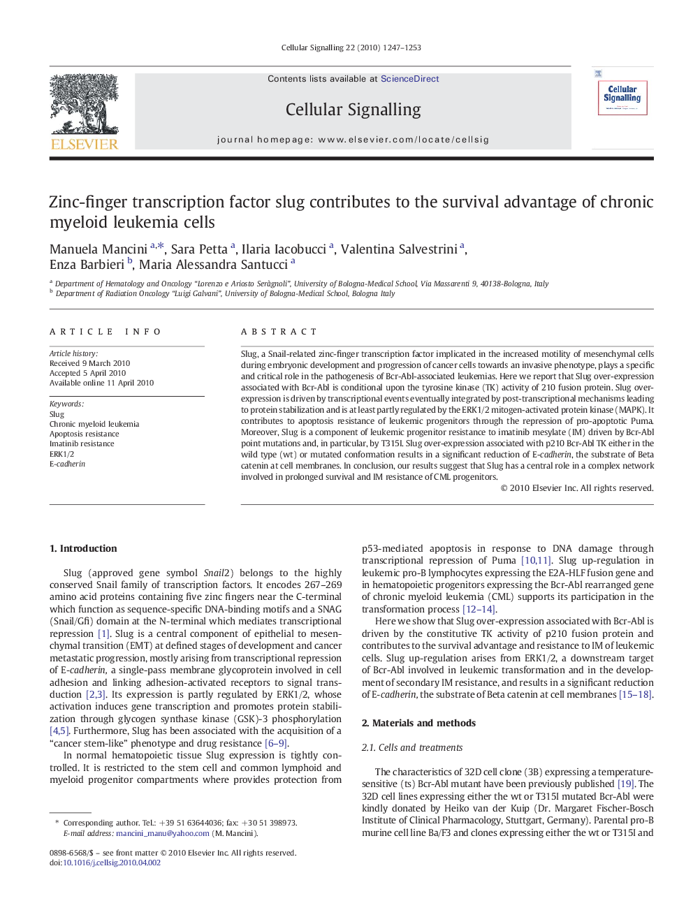 عکس صفحه اول مقاله: Zinc-finger transcription factor slug contributes to the survival advantage of chronic myeloid leukemia cells Zinc-finger transcription factor slug contributes to the survival advantage of chronic myeloid leukemia cells