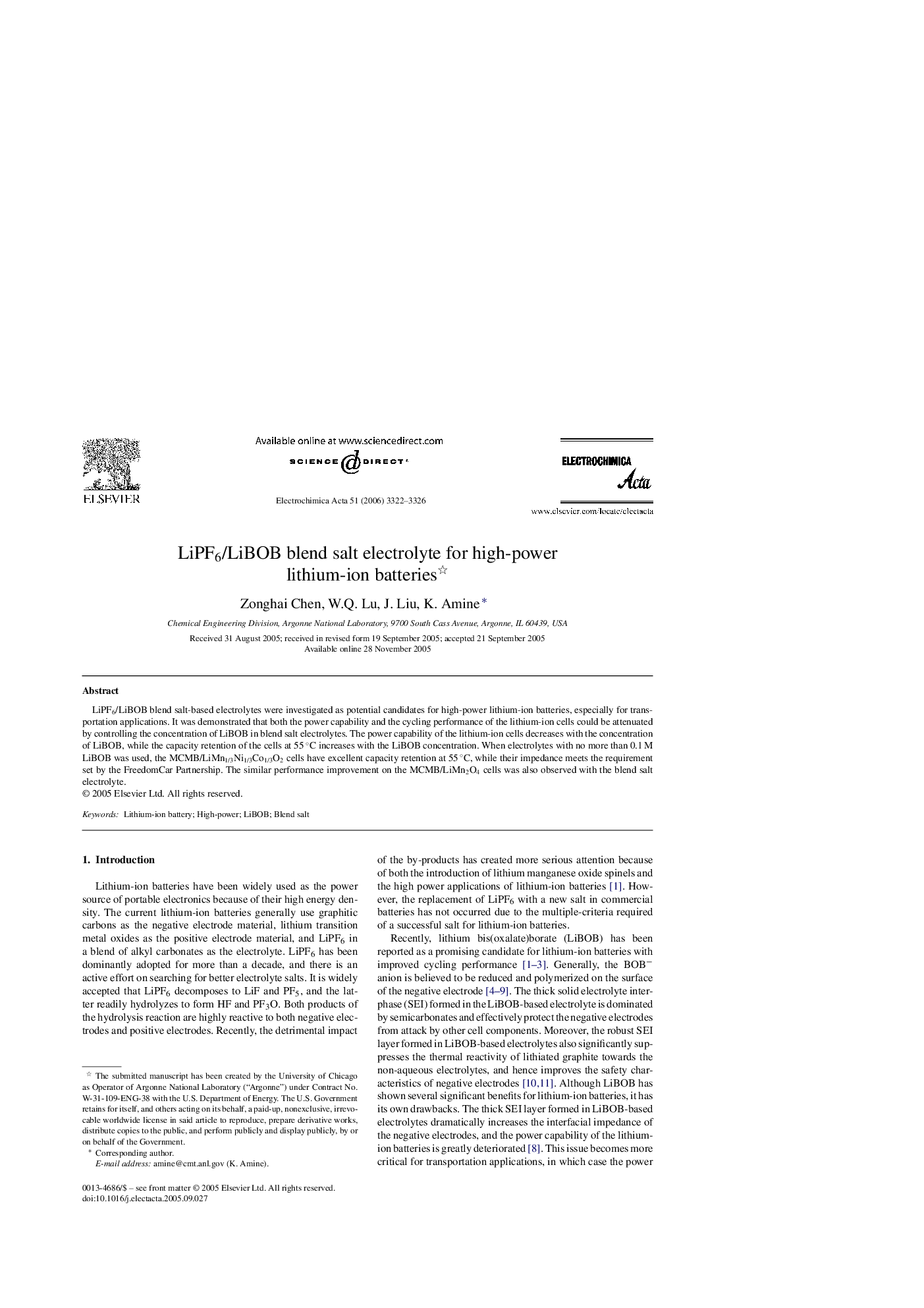 LiPF6/LiBOB blend salt electrolyte for high-power lithium-ion batteries 