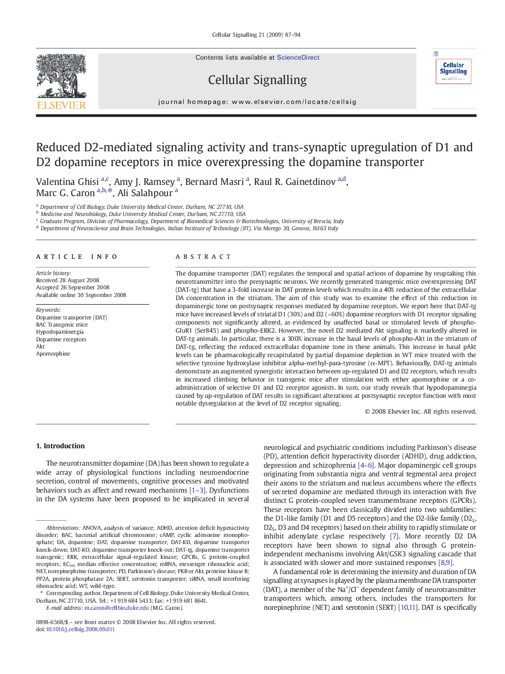 Reduced D2-mediated signaling activity and trans-synaptic upregulation of D1 and D2 dopamine receptors in mice overexpressing the dopamine transporter