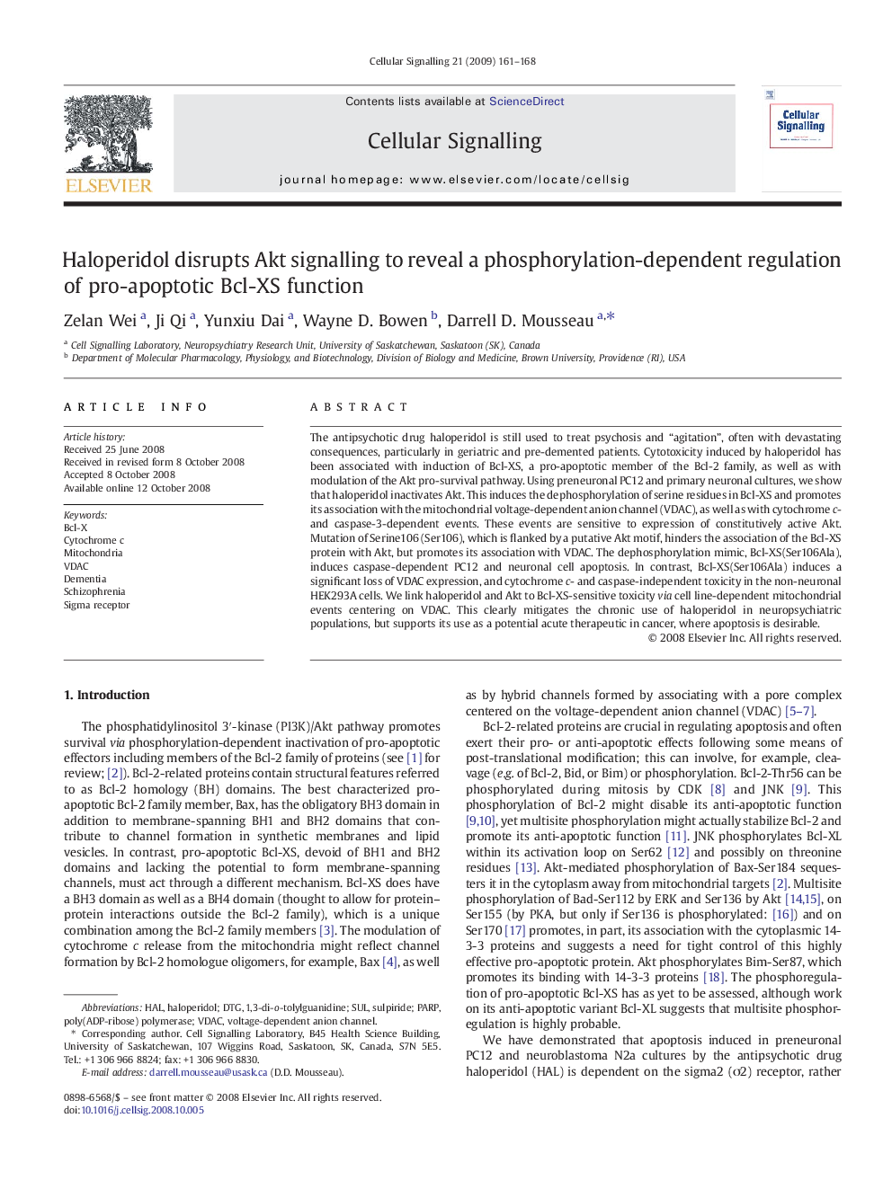 Haloperidol disrupts Akt signalling to reveal a phosphorylation-dependent regulation of pro-apoptotic Bcl-XS function