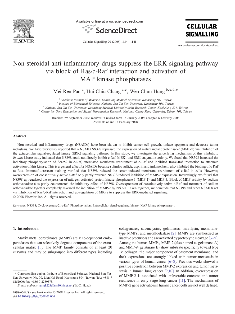 Non-steroidal anti-inflammatory drugs suppress the ERK signaling pathway via block of Ras/c-Raf interaction and activation of MAP kinase phosphatases