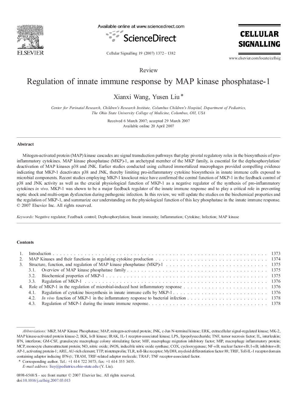 Regulation of innate immune response by MAP kinase phosphatase-1