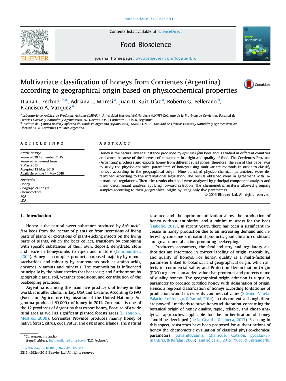 Multivariate classification of honeys from Corrientes (Argentina) according to geographical origin based on physicochemical properties