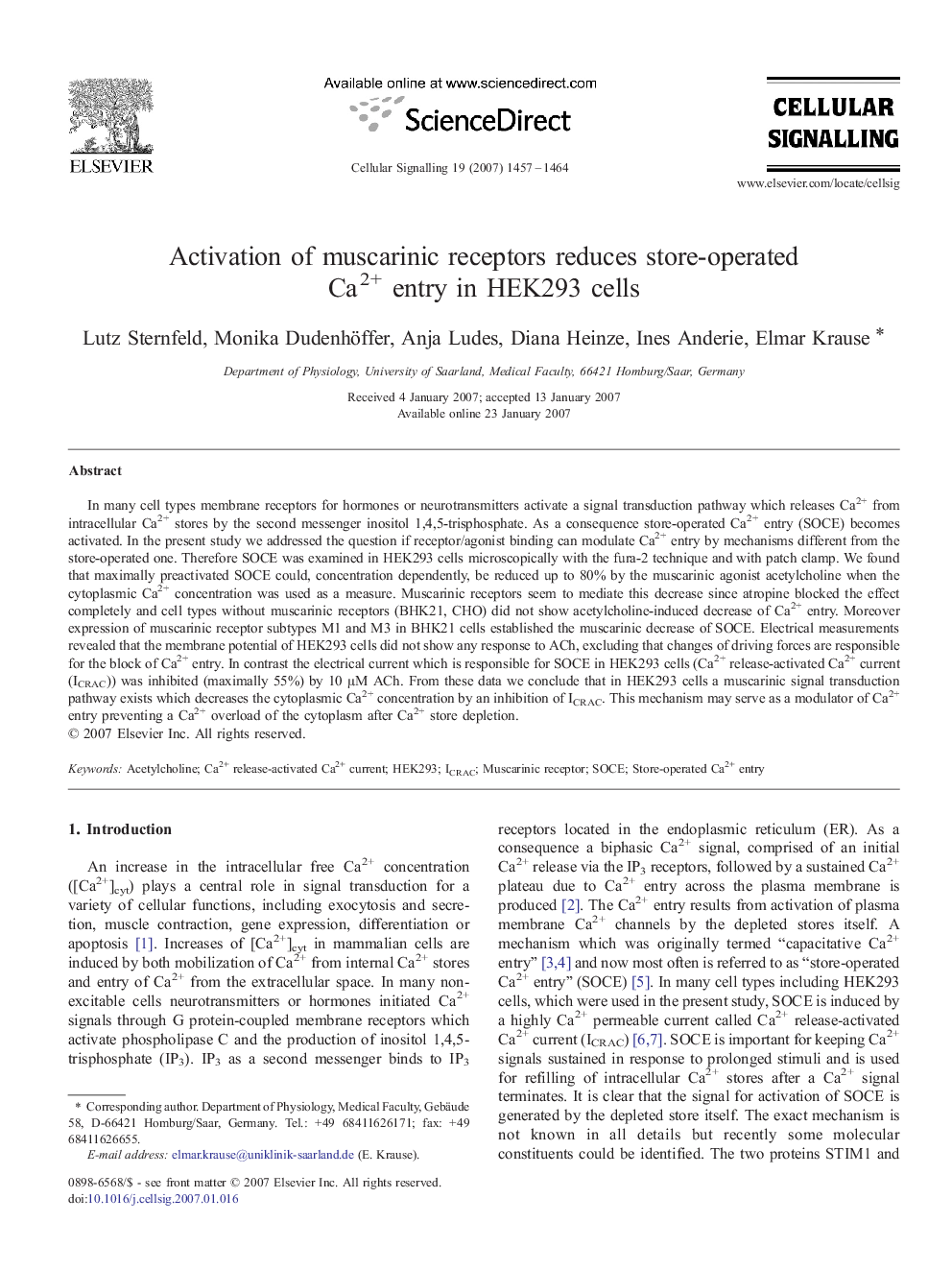 Activation of muscarinic receptors reduces store-operated Ca2+ entry in HEK293 cells