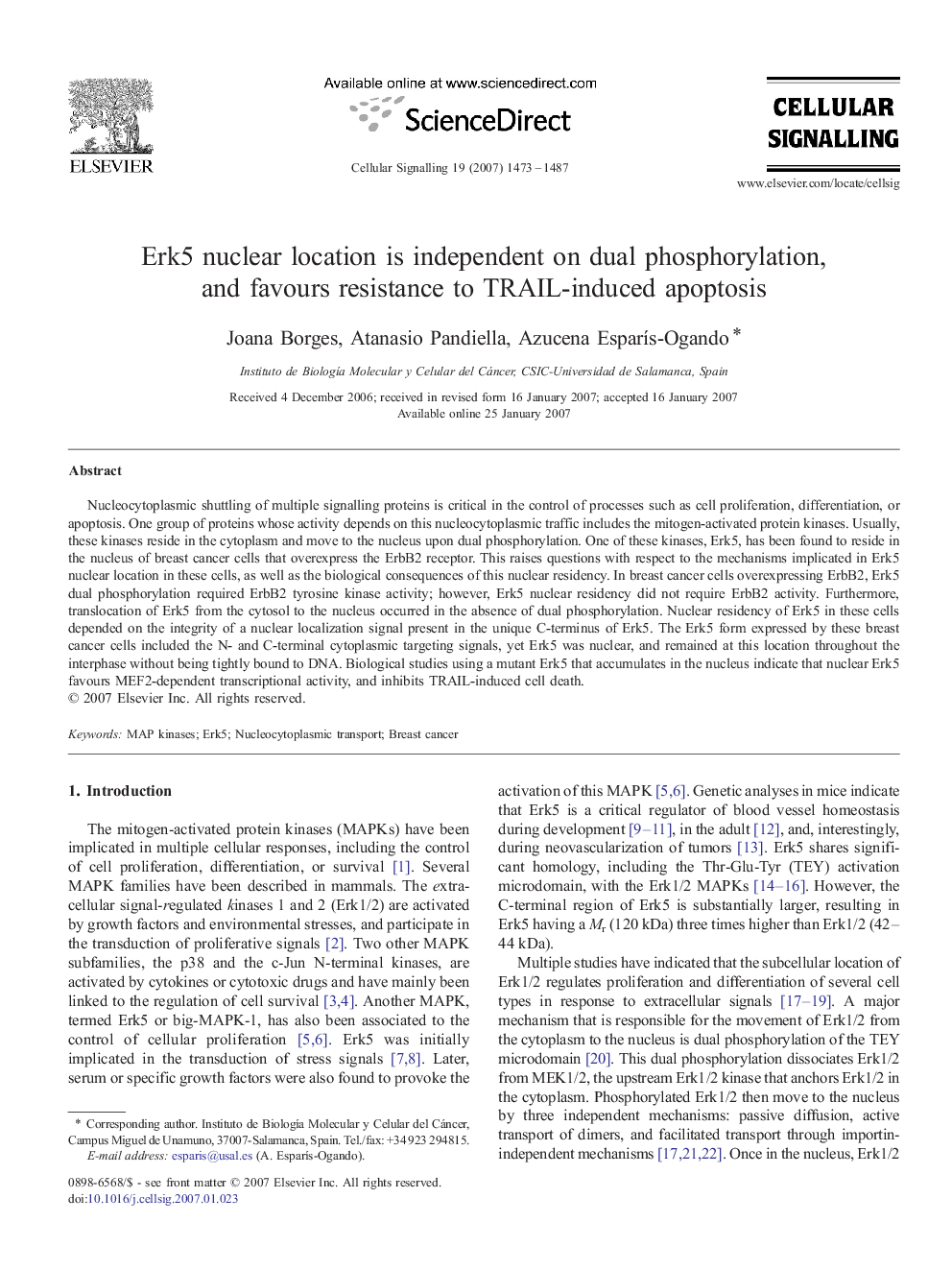 Erk5 nuclear location is independent on dual phosphorylation, and favours resistance to TRAIL-induced apoptosis