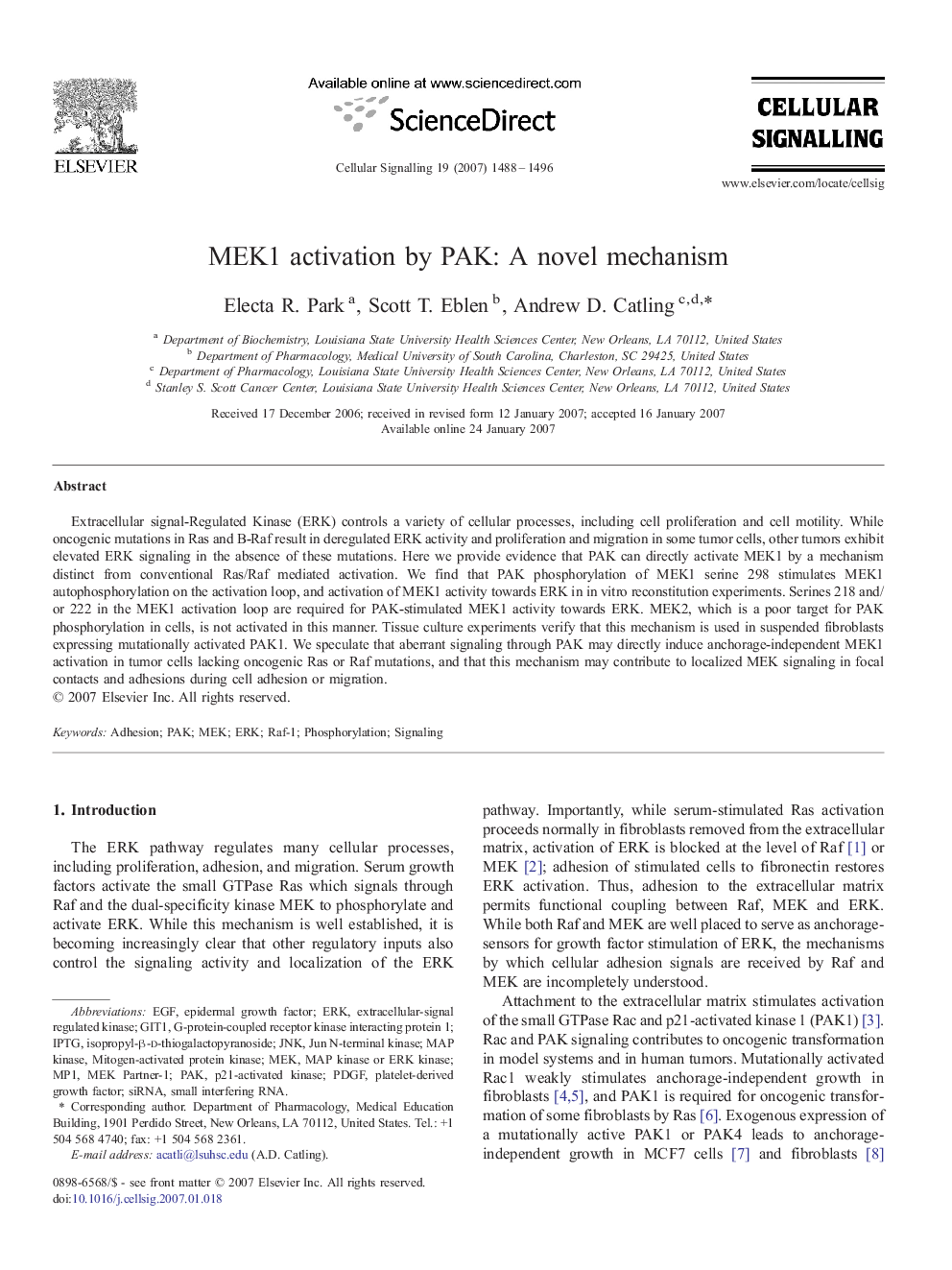 MEK1 activation by PAK: A novel mechanism