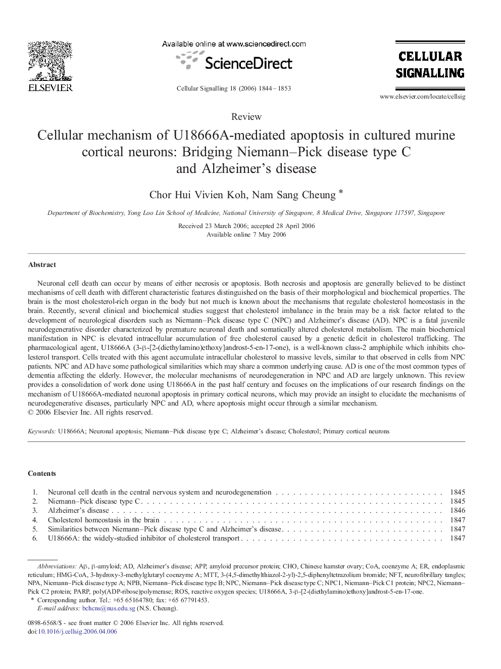 Cellular mechanism of U18666A-mediated apoptosis in cultured murine cortical neurons: Bridging Niemann–Pick disease type C and Alzheimer's disease