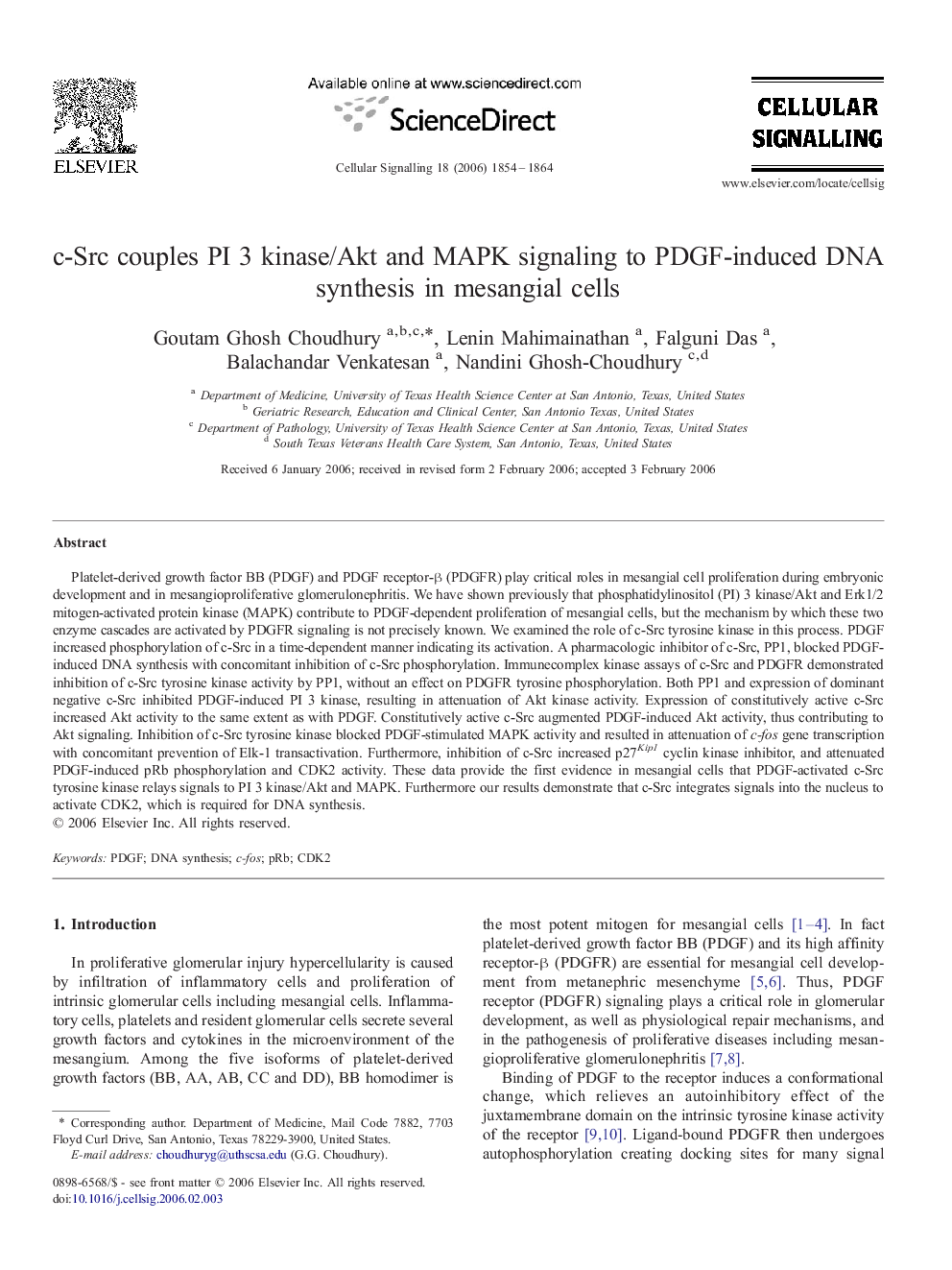 c-Src couples PI 3 kinase/Akt and MAPK signaling to PDGF-induced DNA synthesis in mesangial cells