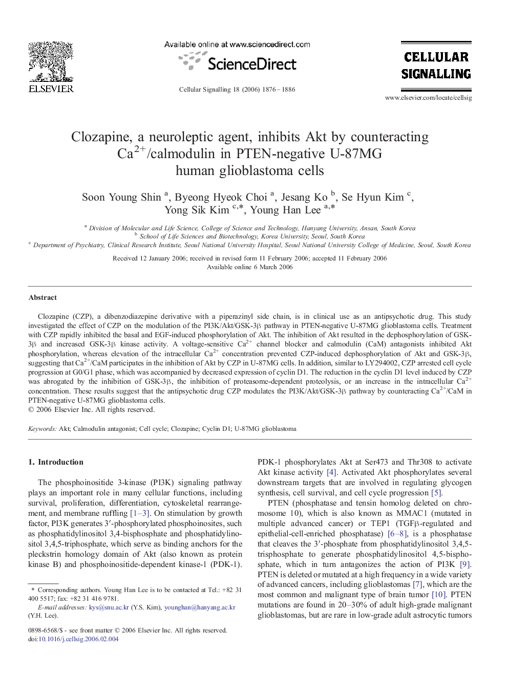 Clozapine, a neuroleptic agent, inhibits Akt by counteracting Ca2+/calmodulin in PTEN-negative U-87MG human glioblastoma cells