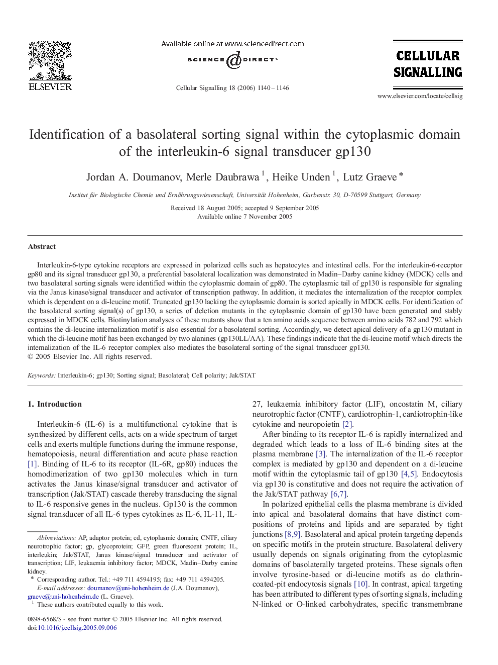 Identification of a basolateral sorting signal within the cytoplasmic domain of the interleukin-6 signal transducer gp130