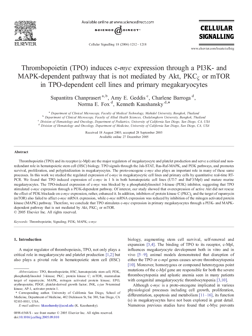 Thrombopoietin (TPO) induces c-myc expression through a PI3K- and MAPK-dependent pathway that is not mediated by Akt, PKCζ or mTOR in TPO-dependent cell lines and primary megakaryocytes