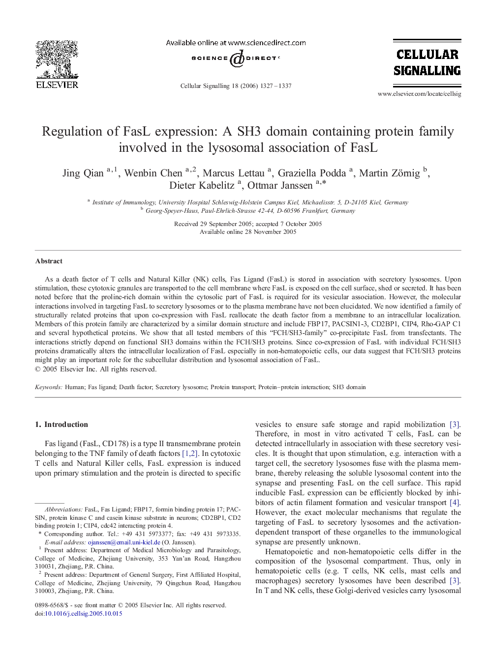 Regulation of FasL expression: A SH3 domain containing protein family involved in the lysosomal association of FasL