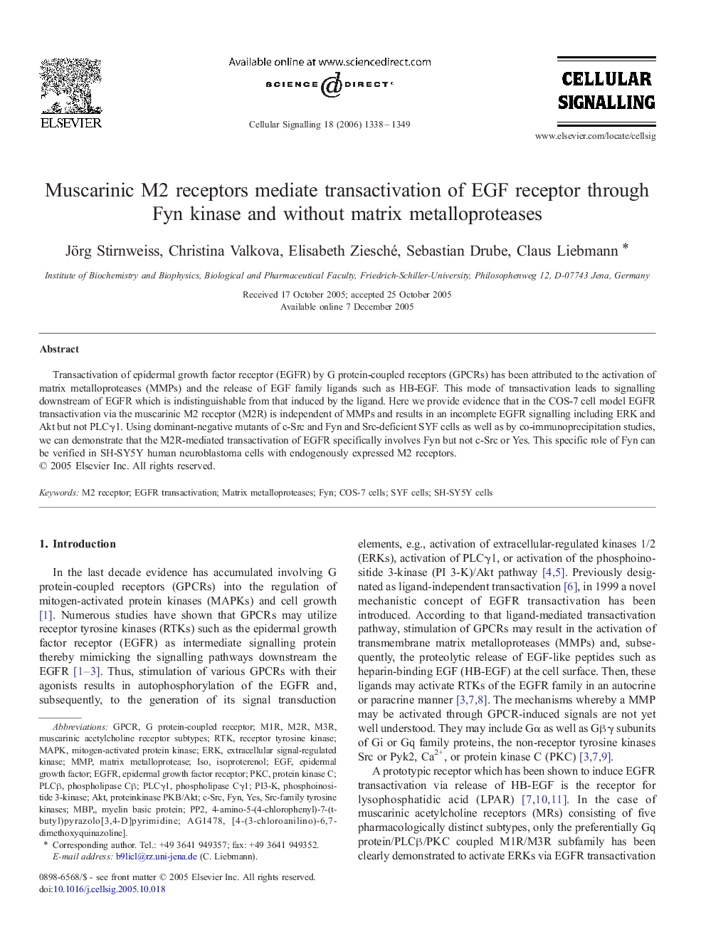 Muscarinic M2 receptors mediate transactivation of EGF receptor through Fyn kinase and without matrix metalloproteases