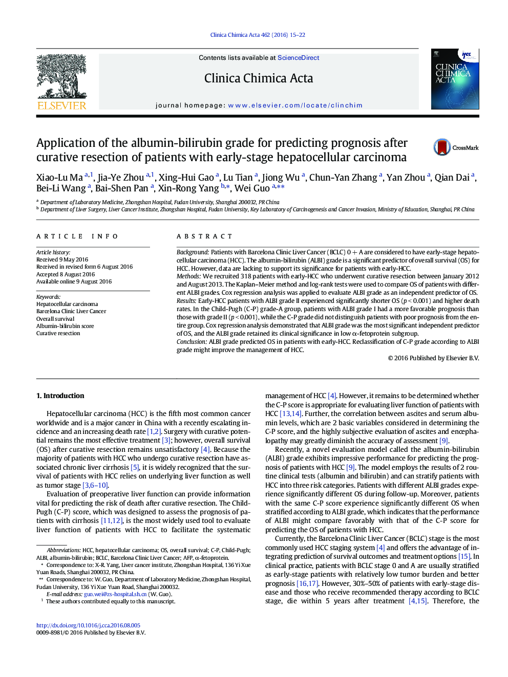 Application of the albumin-bilirubin grade for predicting prognosis after curative resection of patients with early-stage hepatocellular carcinoma