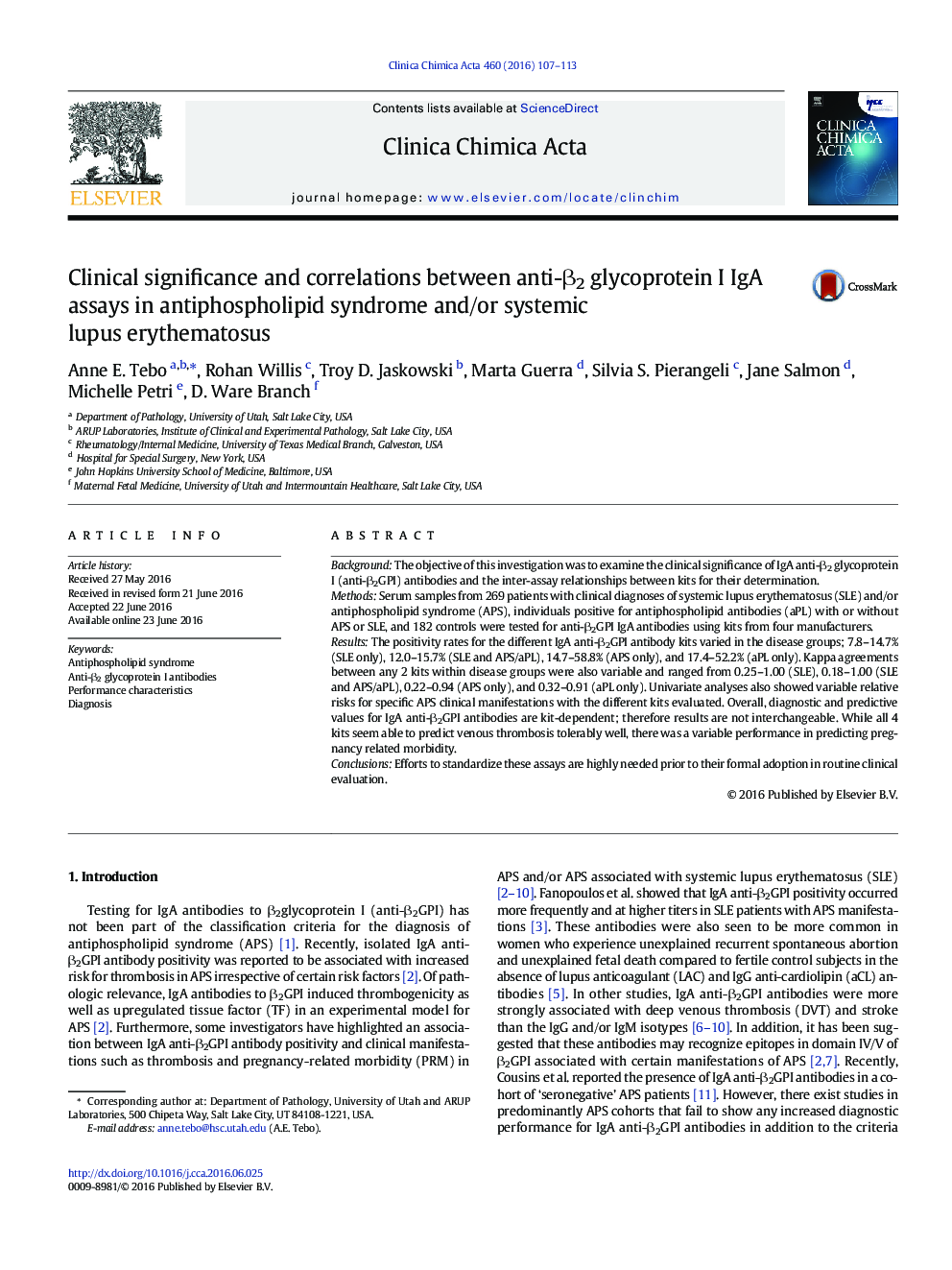 Clinical significance and correlations between anti-β2 glycoprotein I IgA assays in antiphospholipid syndrome and/or systemic lupus erythematosus