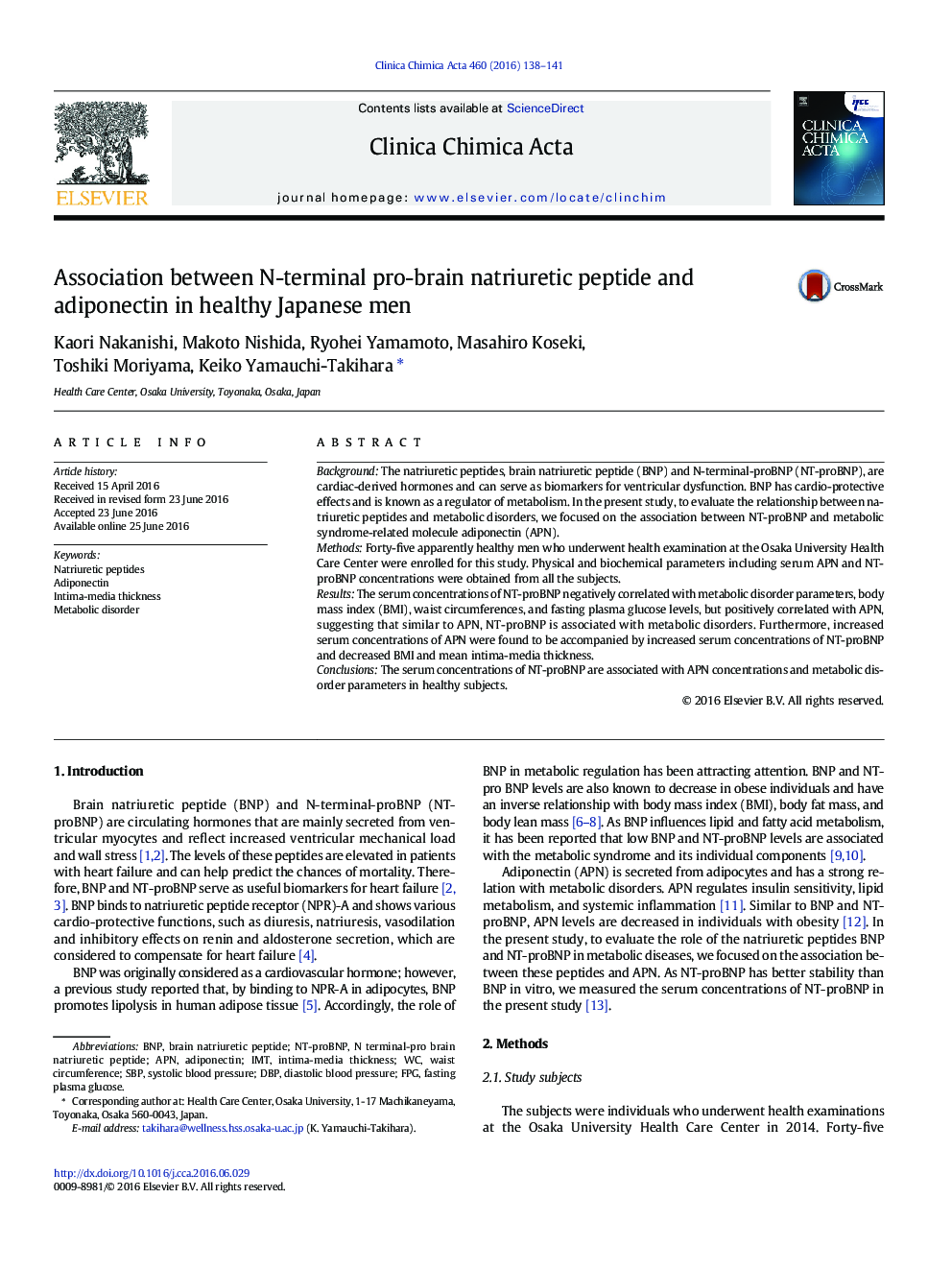 Association between N-terminal pro-brain natriuretic peptide and adiponectin in healthy Japanese men
