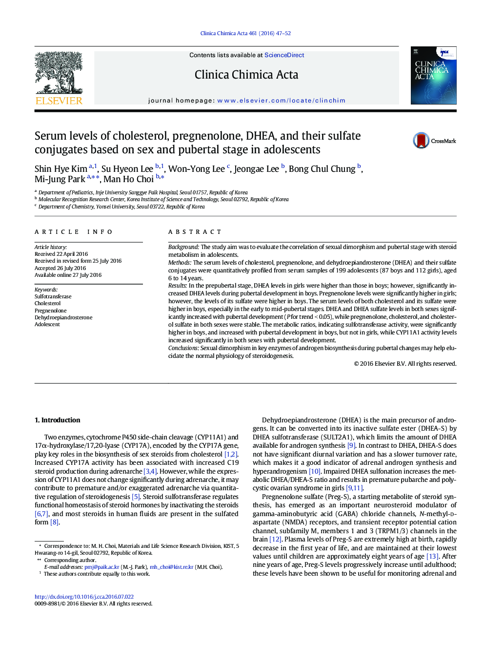 Serum levels of cholesterol, pregnenolone, DHEA, and their sulfate conjugates based on sex and pubertal stage in adolescents