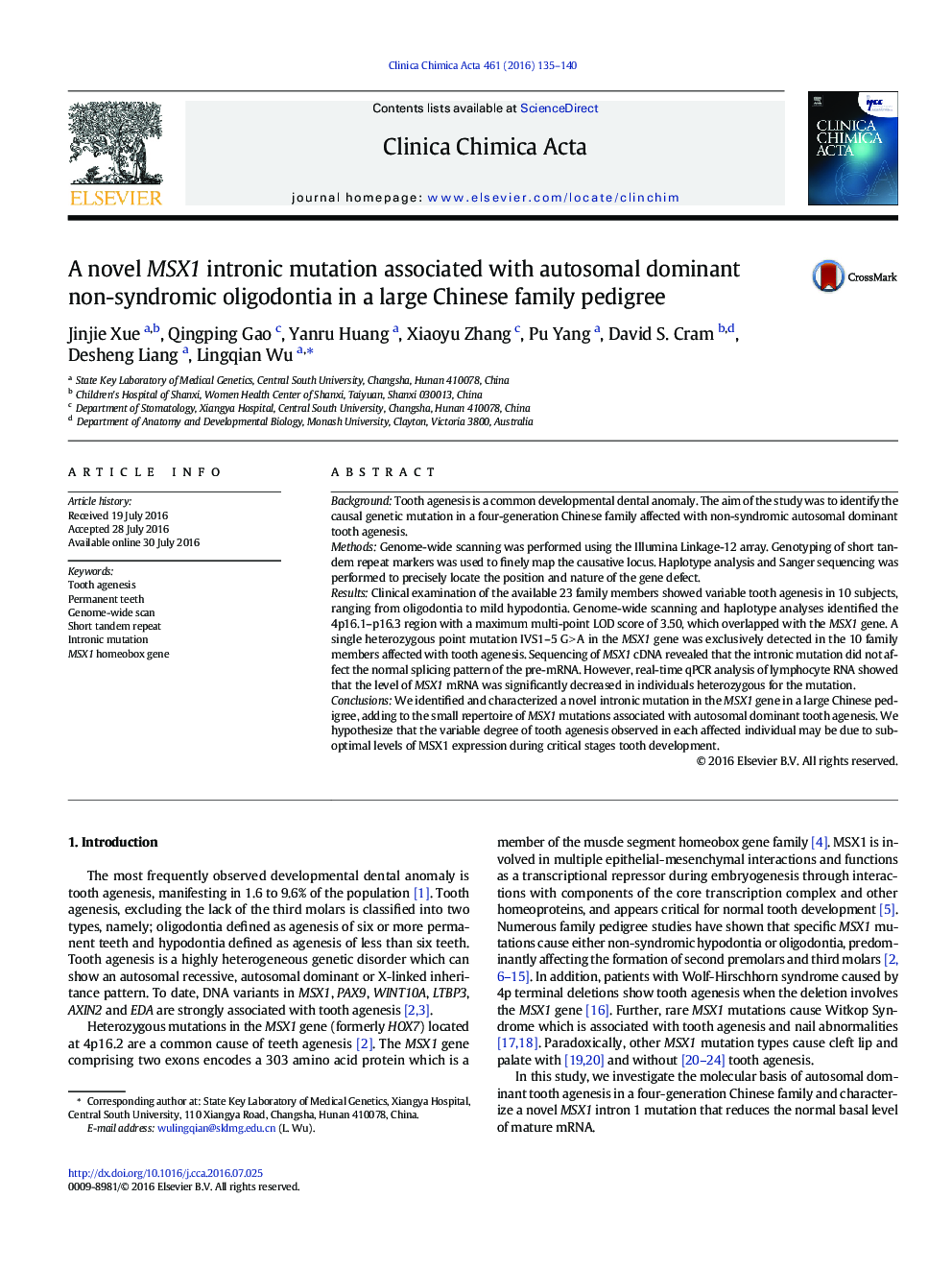 A novel MSX1 intronic mutation associated with autosomal dominant non-syndromic oligodontia in a large Chinese family pedigree