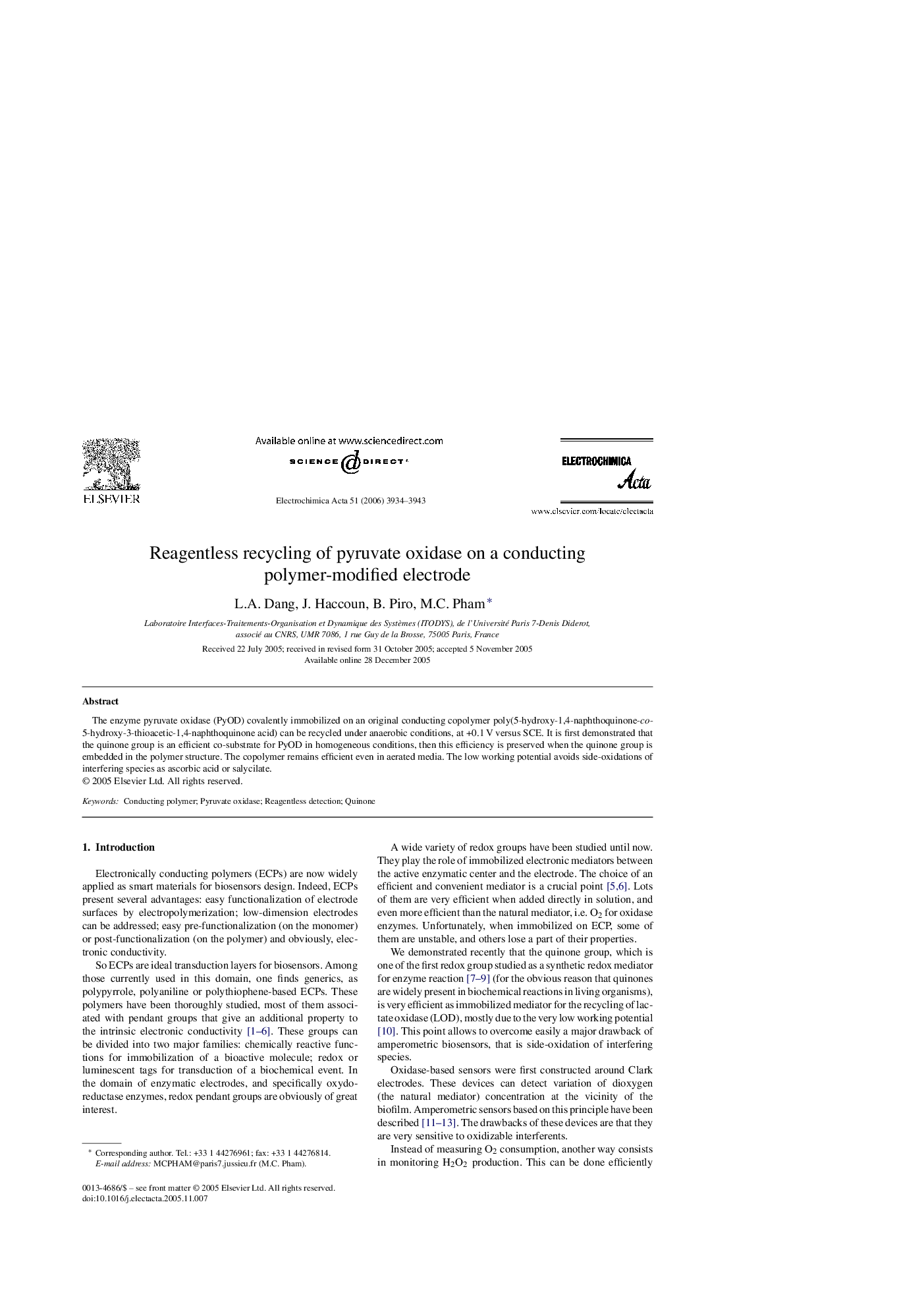 Reagentless recycling of pyruvate oxidase on a conducting polymer-modified electrode