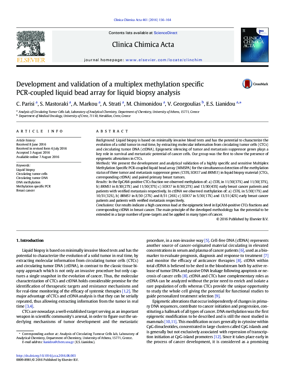 Development and validation of a multiplex methylation specific PCR-coupled liquid bead array for liquid biopsy analysis