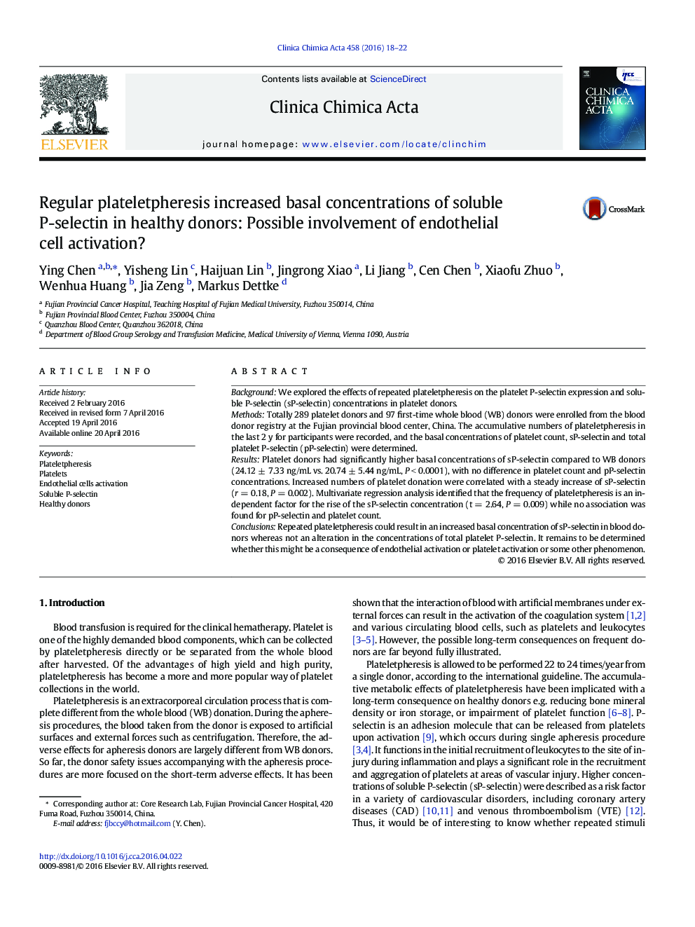 Regular plateletpheresis increased basal concentrations of soluble P-selectin in healthy donors: Possible involvement of endothelial cell activation?