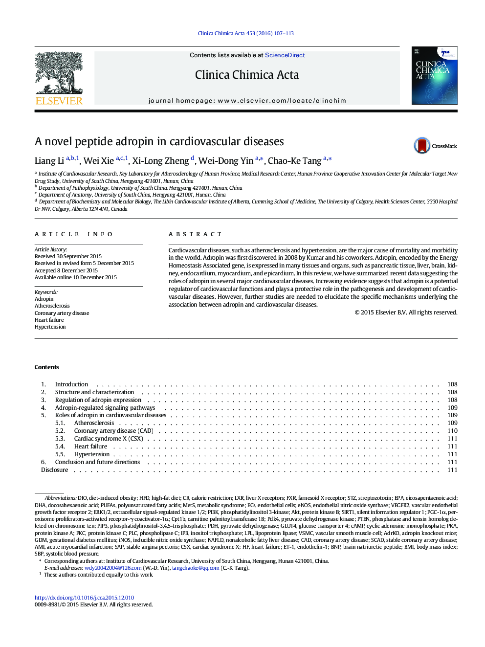 A novel peptide adropin in cardiovascular diseases