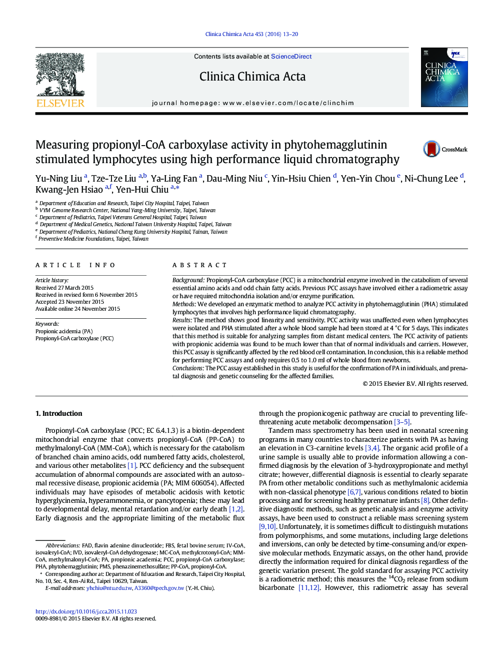 Measuring propionyl-CoA carboxylase activity in phytohemagglutinin stimulated lymphocytes using high performance liquid chromatography