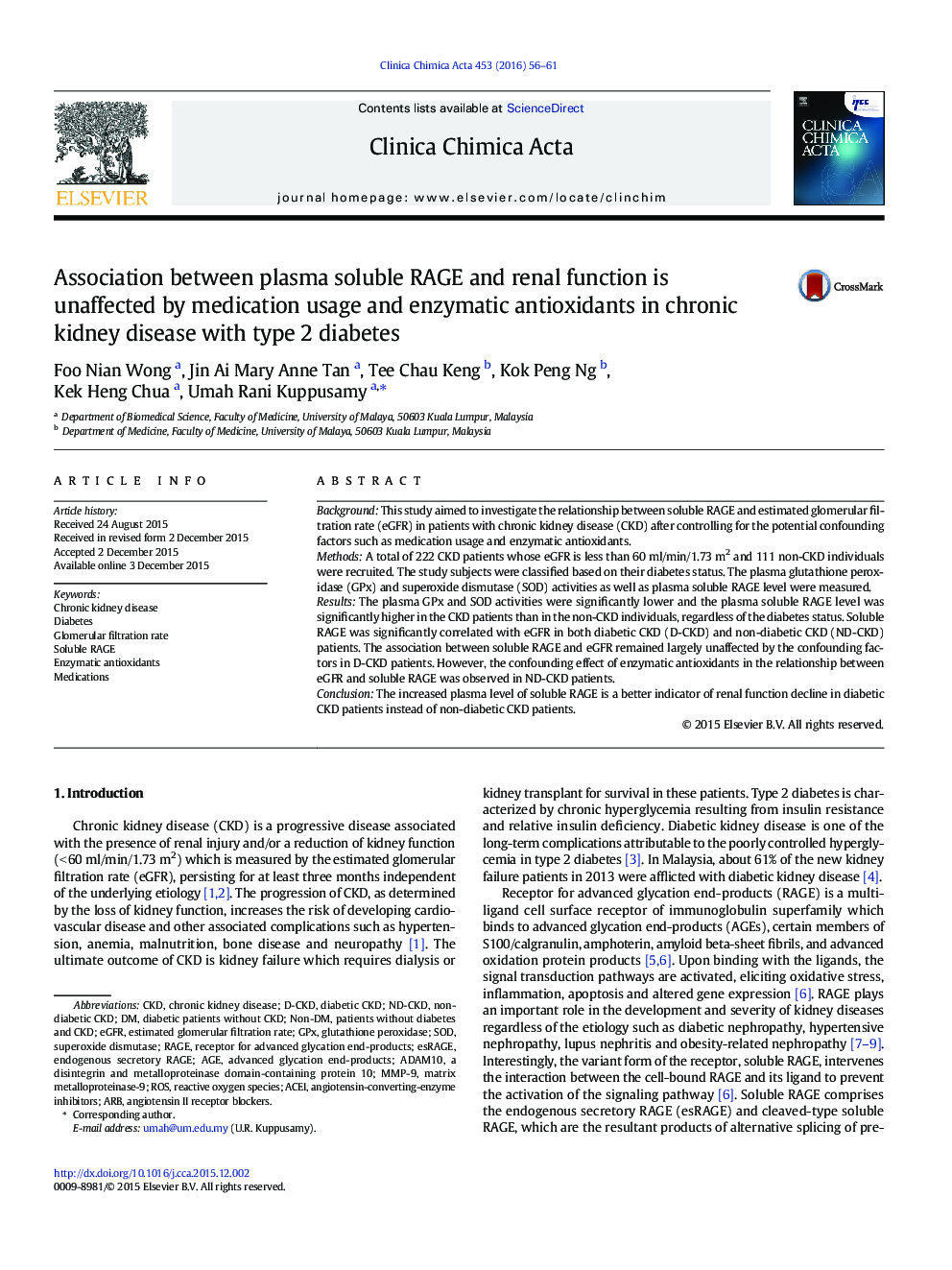 Association between plasma soluble RAGE and renal function is unaffected by medication usage and enzymatic antioxidants in chronic kidney disease with type 2 diabetes