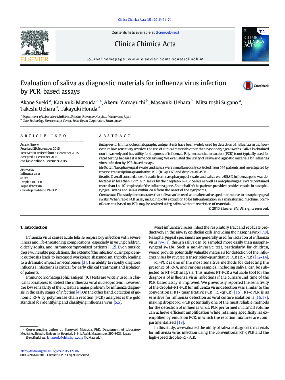 Evaluation of saliva as diagnostic materials for influenza virus infection by PCR-based assays