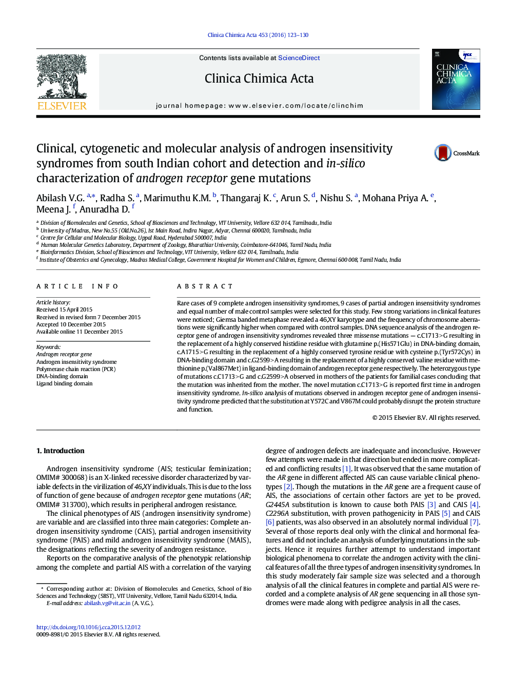 Clinical, cytogenetic and molecular analysis of androgen insensitivity syndromes from south Indian cohort and detection and in-silico characterization of androgen receptor gene mutations