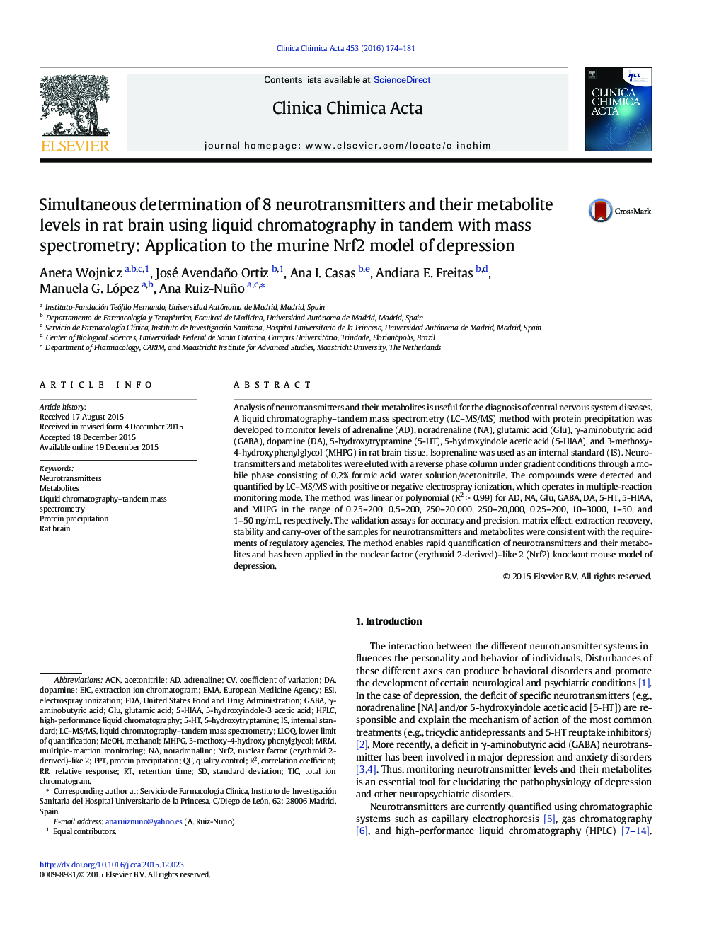 Simultaneous determination of 8 neurotransmitters and their metabolite levels in rat brain using liquid chromatography in tandem with mass spectrometry: Application to the murine Nrf2 model of depression