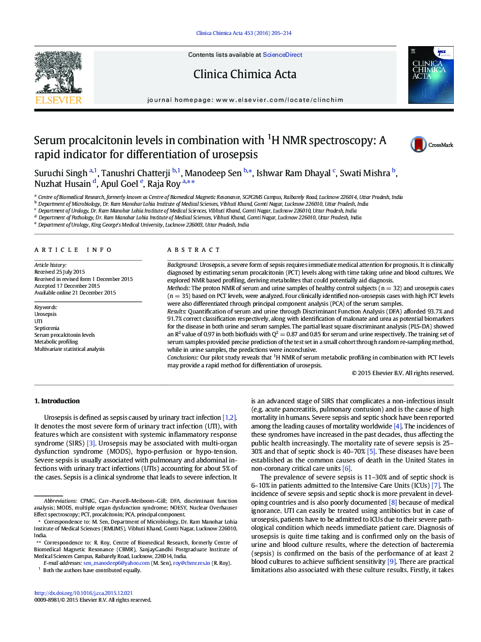 Serum procalcitonin levels in combination with 1H NMR spectroscopy: A rapid indicator for differentiation of urosepsis