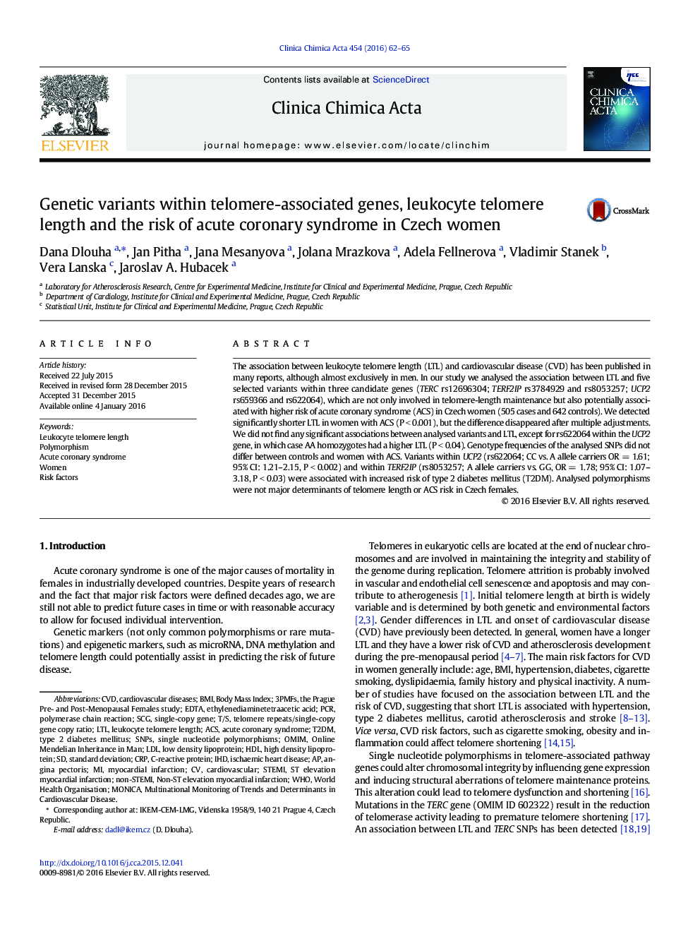 Genetic variants within telomere-associated genes, leukocyte telomere length and the risk of acute coronary syndrome in Czech women