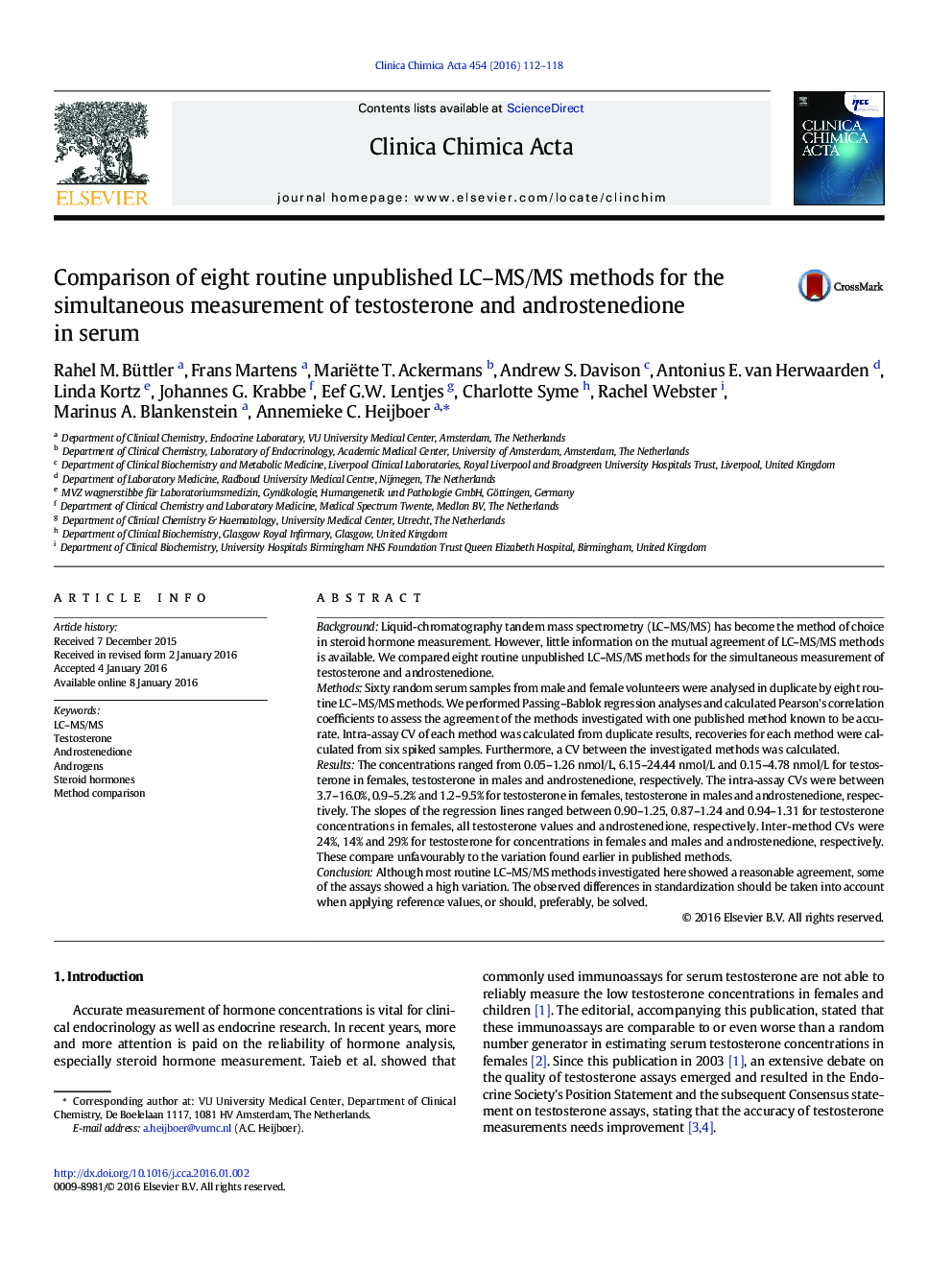 Comparison of eight routine unpublished LC–MS/MS methods for the simultaneous measurement of testosterone and androstenedione in serum