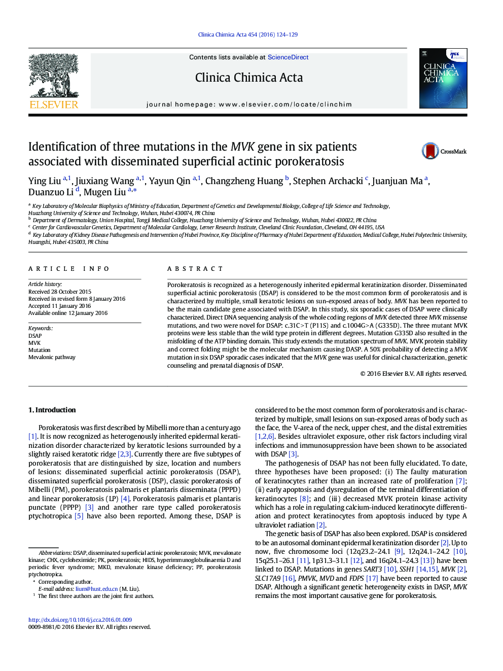 Identification of three mutations in the MVK gene in six patients associated with disseminated superficial actinic porokeratosis