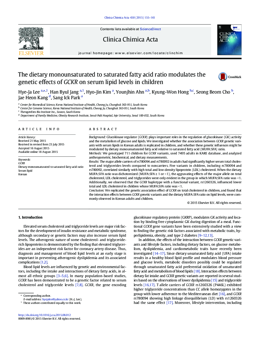 The dietary monounsaturated to saturated fatty acid ratio modulates the genetic effects of GCKR on serum lipid levels in children