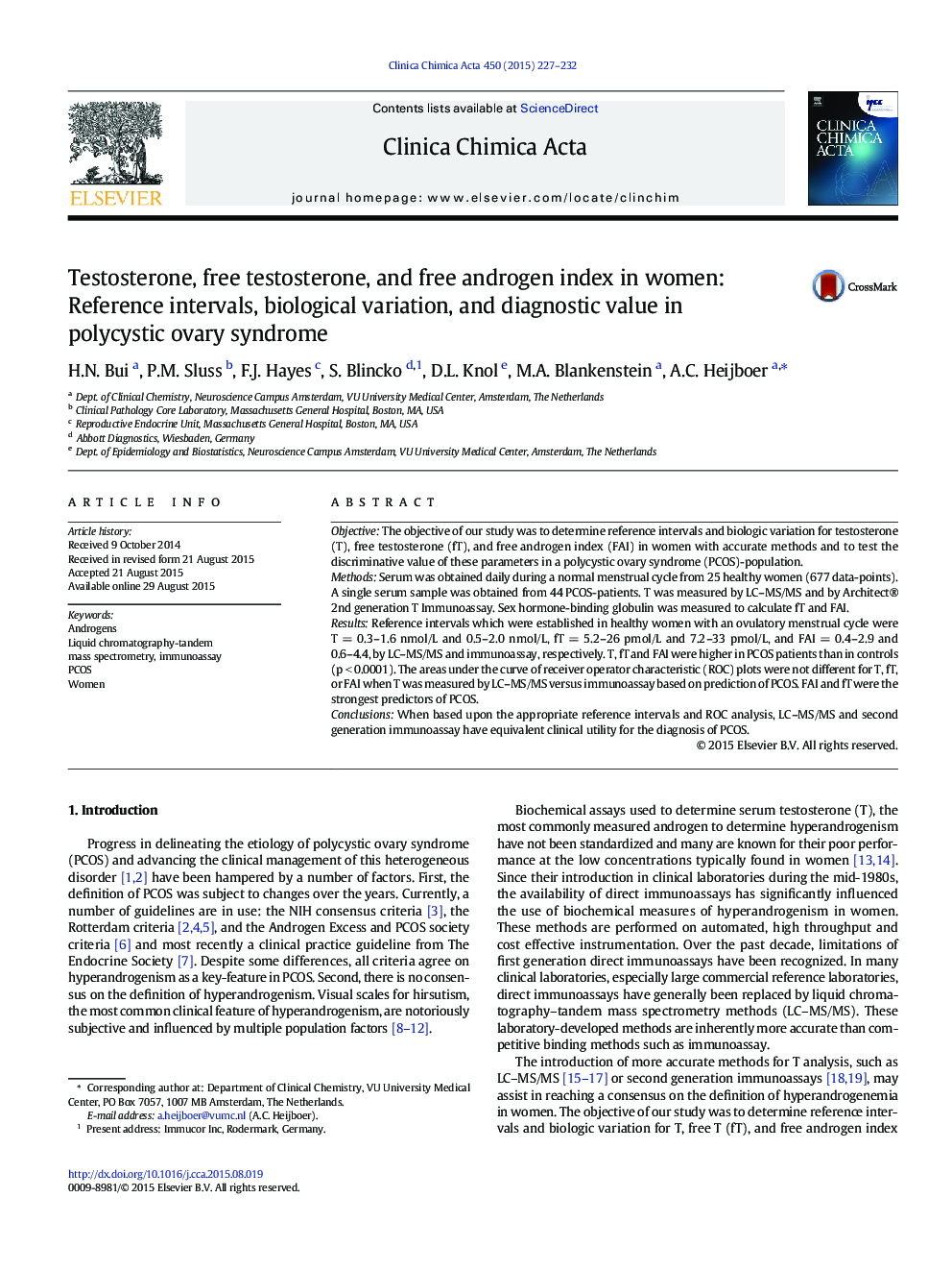 Testosterone, free testosterone, and free androgen index in women: Reference intervals, biological variation, and diagnostic value in polycystic ovary syndrome