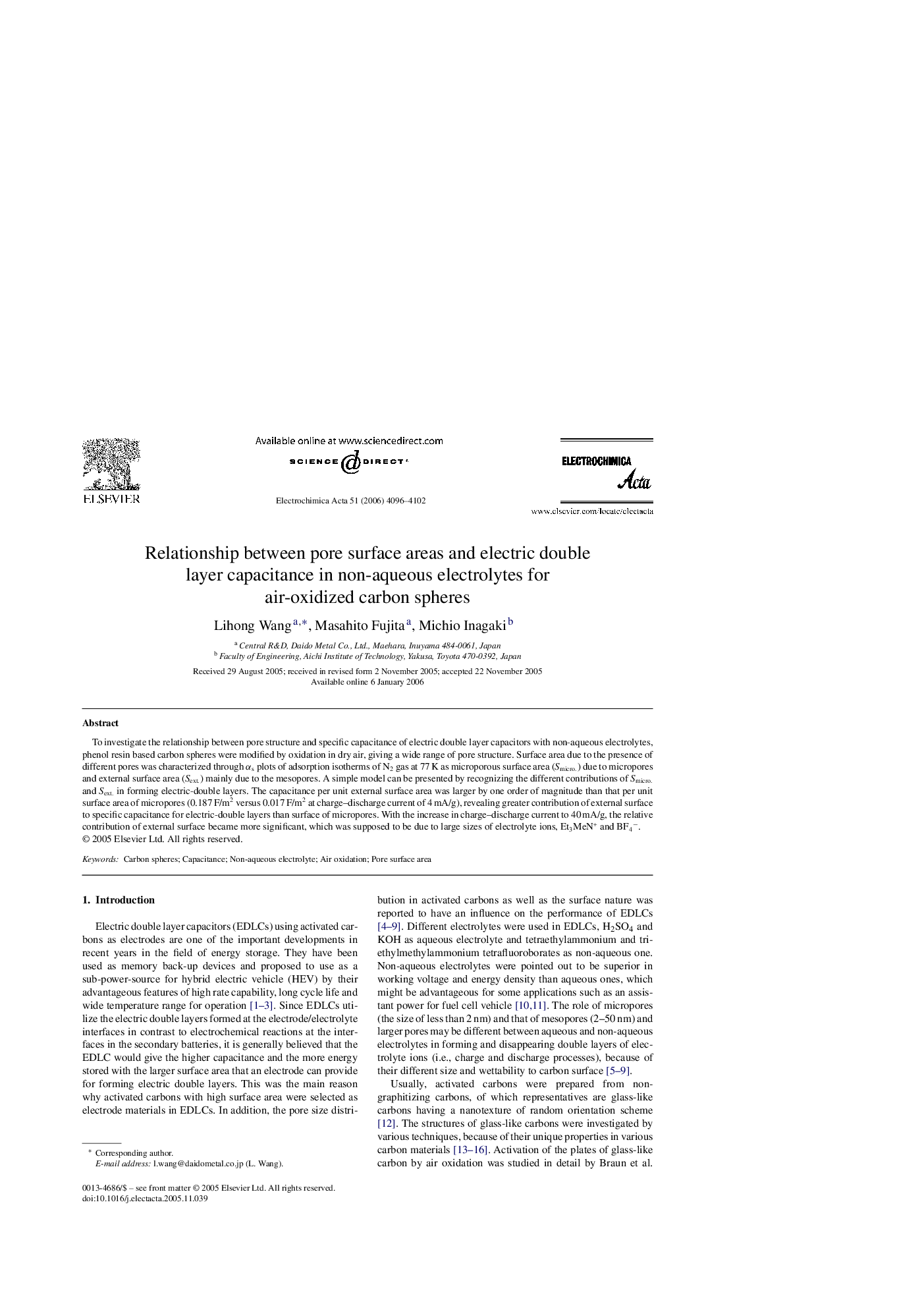 Relationship between pore surface areas and electric double layer capacitance in non-aqueous electrolytes for air-oxidized carbon spheres